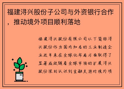 福建浔兴股份子公司与外资银行合作，推动境外项目顺利落地