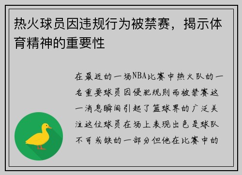 热火球员因违规行为被禁赛，揭示体育精神的重要性