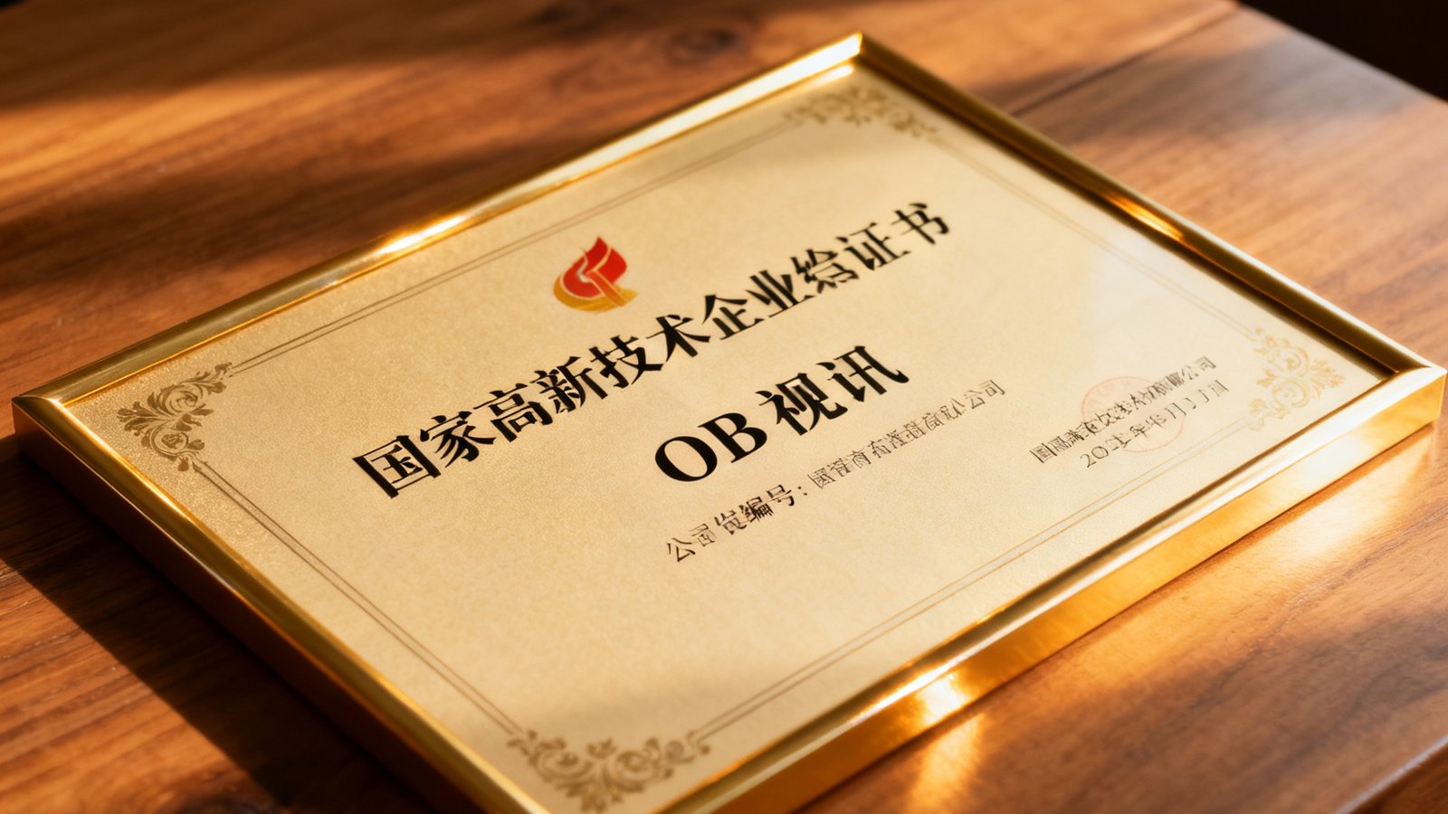 国家高新技术企业认定证书的特写照片，金色边框内印有OB视讯公司名称和认定编号，放置在木质桌面上