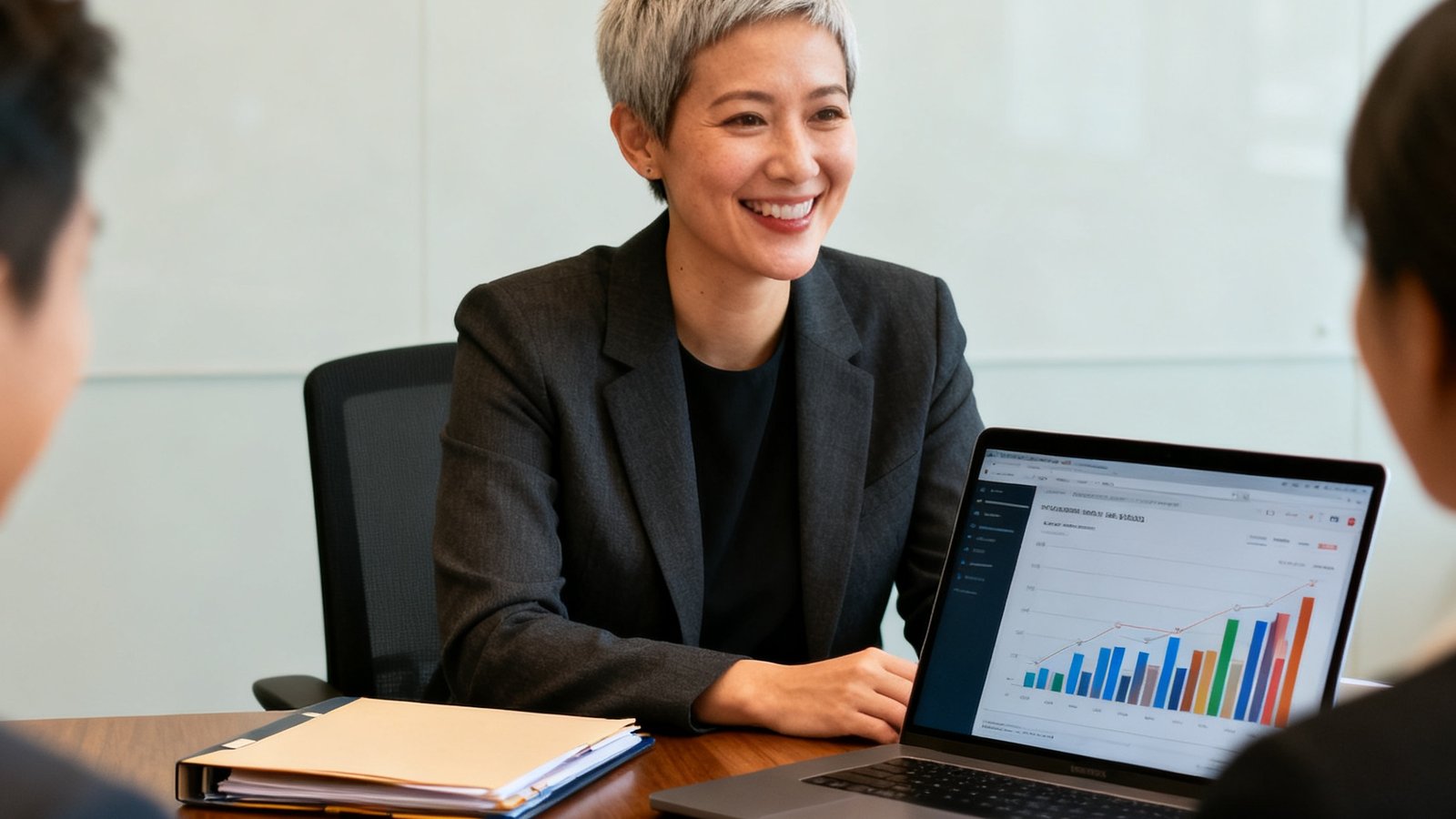 一位留着短发的女性运营负责人在会议室中面对笔记本电脑，屏幕显示着数据报表，表情专注且满意